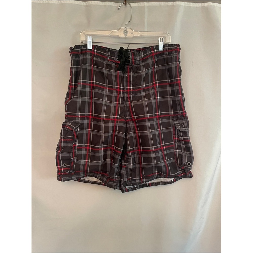 OP Plaid LG L Mens Swim Suit Shorts Trunks Black Red White Ocean Sea Summer